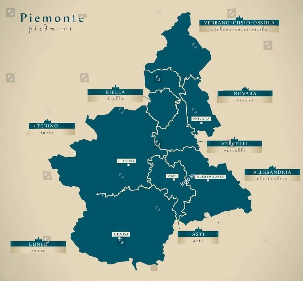 Map of Piemonte Piedmont with cities